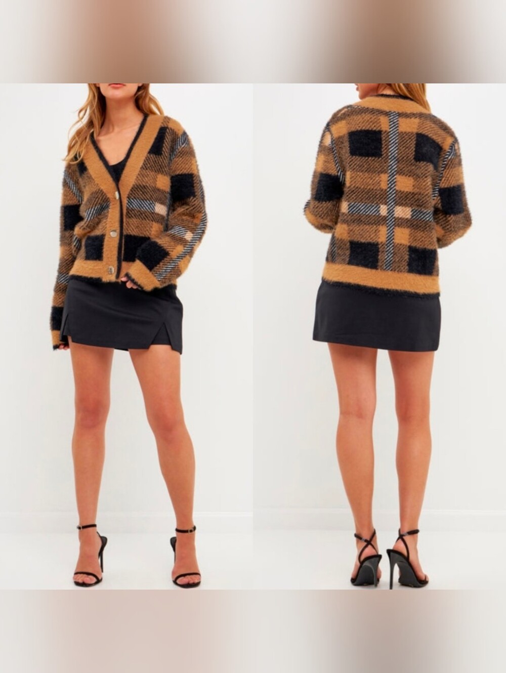 Anthropologie English Factory Eyelash Fuzzy Plaid Cardigan Sweater Womens M